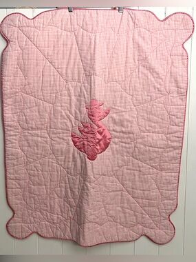 Vintage Galante Studio Pink Gingham Baby Quilt Satin Duck Applique Crib Blanket